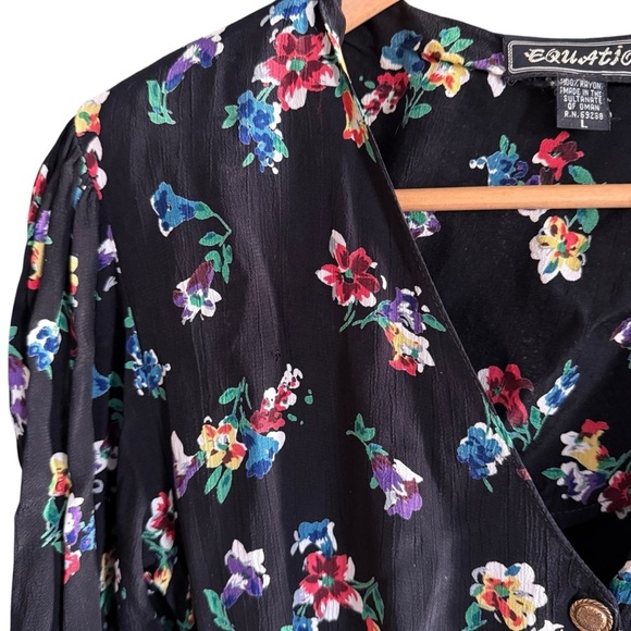 Vintage Equation V Neck Floral 90s Cottagecore Button Front Dress Tie Waist L - Picture 7 of 14